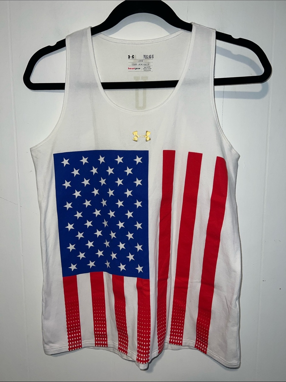 Under Armour White Tank with Red & Blue American Flag Graphic YLG 0907266